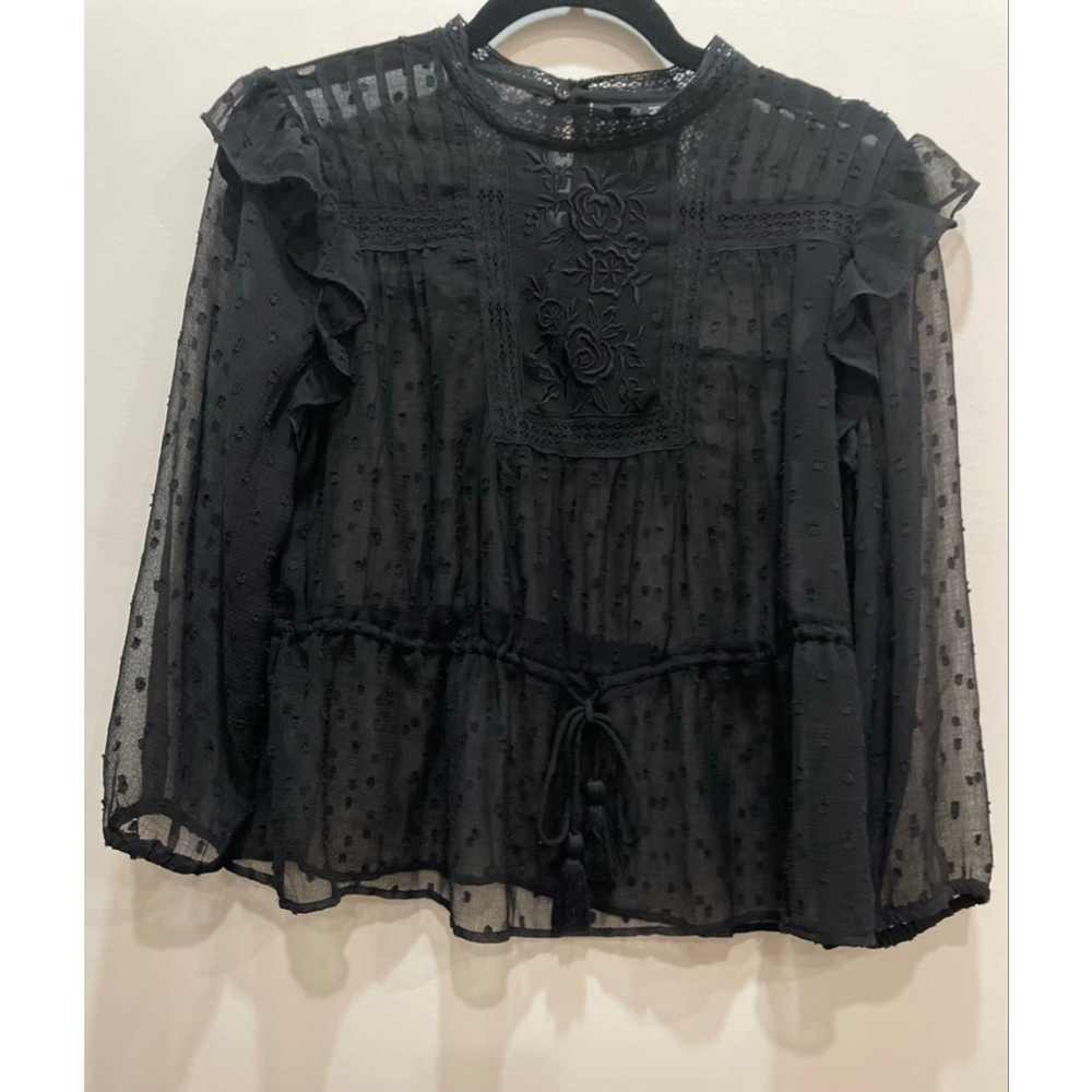 Vero Moda Black Embroidered Sheer Blouse S Goth Office Edwardian Lolita Coquette